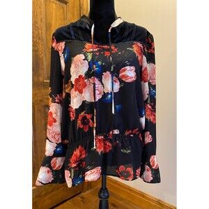 Worthington Plus Size XL Black Velvet w/ Floral Sheer Gathered Waist Blouse